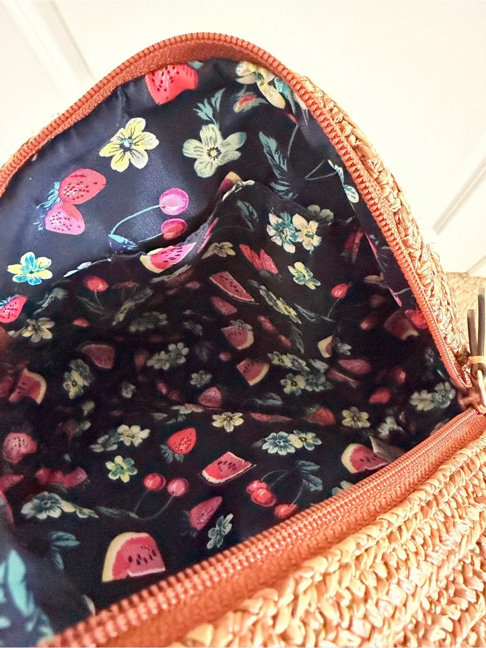 Vera Bradley Brown Straw Mini Backpack with Pink Strawberry Embroidery